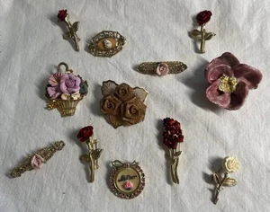 Lot 12 Vintage Flower Brooch Rhinestone Gold Tone Red Rose Untested Jewelry Pins - Picture 1 of 13