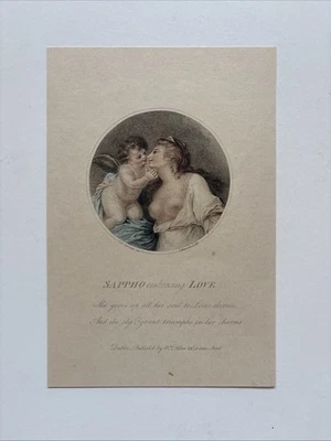 Grabado antiguo Safo antiguo poeta griego, y Cupido, el dios romano del deseo Foto 1 de 3