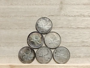 Monedas de plata 0,800 de 25 centavos Canadá 1965-1966 x 6 condiciones mixtas - Imagen 1 de 10