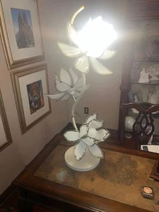 Vintage 70's Hollywood Regency 3 Way Glass White Lotus Flower TABLE Lamp 36" - Picture 1 of 9