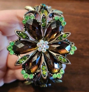 VTG Bold Flower Ornate Clamper Hinged Bracelet Glass Bronze Green ++ - Picture 1 of 7