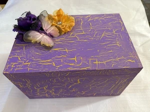 Wooden keepsake box purple and yellow crackled with flowers and butterflies - Picture 1 of 3