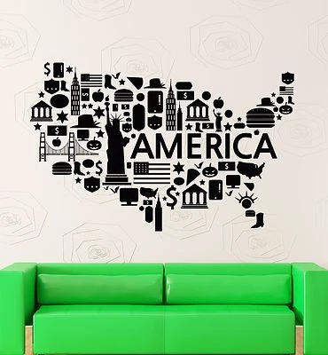 Pegatinas de pared calcomanía de vinilo mapa de lugares famosos de Estados Unidos decoración más fresca de Estados Unidos (z2204) Foto 1 de 3