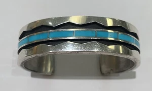 Larry Loretto Zuni Handmade Turquoise and Sterling Silver Inlay Cuff - Picture 1 of 4
