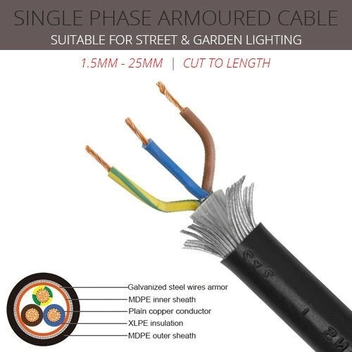 ARMOURED CABLE WITH COLOURED CORES 1.5MM - 25MM SINGLE PHASE SWA CABLE PER METRE