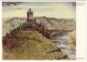 Burg Cochem Mit Brucke, Castle Cochem, Germany, Art Postcard, Signed Josef Steib - Picture 1 of 2