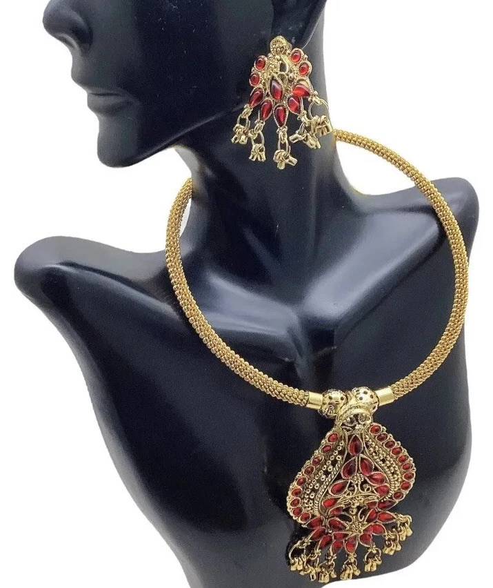 Gargantilla Collar Tono Dorado Pendientes Glam Kundan Conjunto Estrás Rojo Boho Étnico Foto 1 de 4