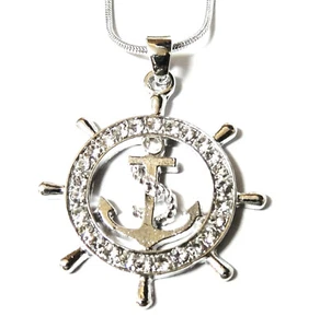 Silvertone Nautical Ship Wheel and Anchor Pendant Necklace Clear Crystals - Picture 1 of 1
