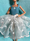 FULL WHITE CHIFFON SKIRT W/ BLUE LEATHER HALTER TOP TEENAGE FASHION DOLL CLOTHES