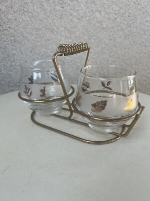 De Colección Cuencos MCM Libbey Patrón Hoja Dorada Azúcar Crema Set Vidrio con Soporte Foto 1 de 4