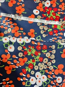 Vintage Arsco 70er Jahre blau & orange asiatische Blumen Blumen Polyester Stoff 112x44 - Bild 1 von 4