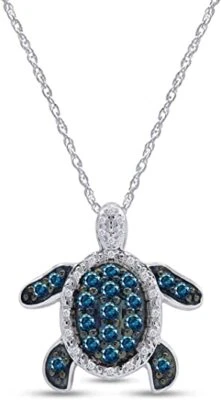 Colar de prata esterlina 18 pol. pingente de tartaruga diamante natural azul e branco 1/2 quilate - Imagem 1 de 4