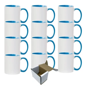12-Pack 11oz Custom Sublimation Mugs - Light Blue Inner & Handle w/ Gift Boxes - Picture 1 of 2
