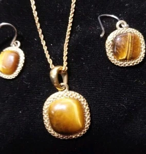 Vintage Tiger Eye Square Shaped Neckless With Tiger Eye Earrings Y5 - Picture 1 of 3