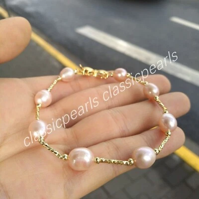 7.5-8" New Design AAA + Natural South Sea Pink Purple Pearl Bracelets 14k Gold P - Image 1 of 4