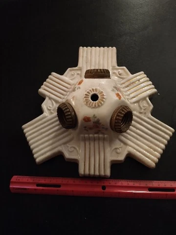 Vintage Porcelier Art Deco Ceiling Mounted 3 Light Porcelian LightFixture Floral Cover
