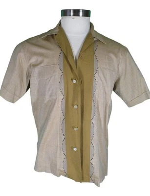 Damon Vtg Tan 50s Atomic Loop Collar Swiss Cotton Shirt M - Image 1 of 3