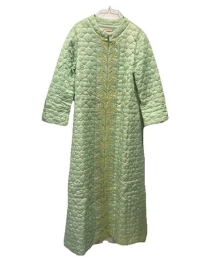 Vintage Sears Quilted Housecoat Size 16 Celery Green Quilted Embroidered Lined - Image 1 of 4