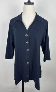 Soft Surroudings Shirt Large Navy Blue Unique Buttons Asymmetrical Hem Top Boho - Picture 1 of 13