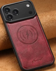 Funda de teléfono SUTENI de lujo de cuero rojo sintético cera de aceite para iPhone 17 Pro Max - Imagen 1 de 1