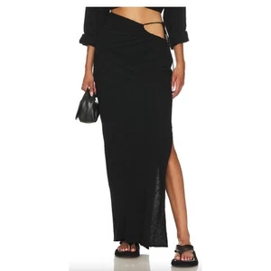 RUMER Allora Ruched Maxi Skirt Black Medium High Side Slits Hip Cutout Linen NEW - Picture 1 of 10
