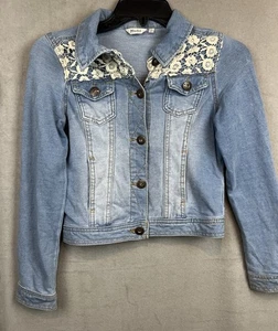 Mudd Mädchen Jeansjacke Denim Gr. 12 Blau Spitze Freizeit Used Trucker Boho - Bild 1 von 10