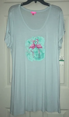 New BETSEY JOHNSON Pink Flamingo Print Sleep Shirt Sz L Blue Cloud $42 NWT - Image 1 of 4