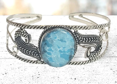 Brazalete Brazalete Brazalete Piedras Preciosas Chapado en Plata 925 Azul Larimar Pavo Real Hecho a Mano Foto 1 de 4