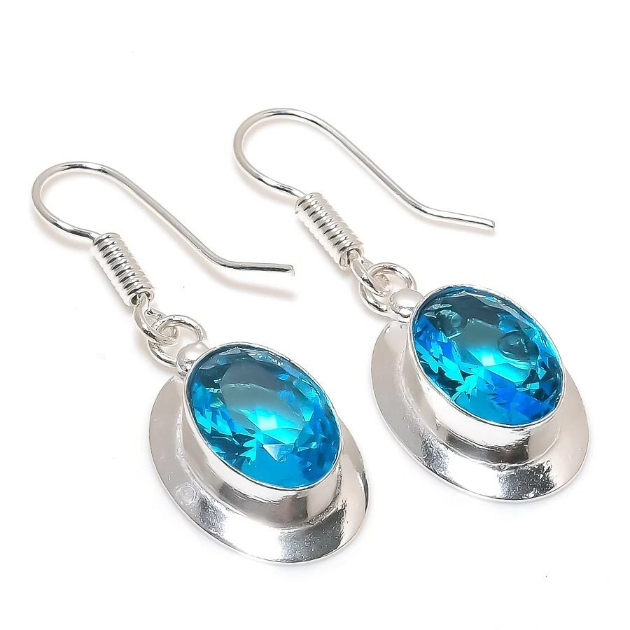Swiss Blue Topaz Gemstone Handmade 925 Sterling Silver Jewelry Earring Sz 1.2'' - Image 1 of 1