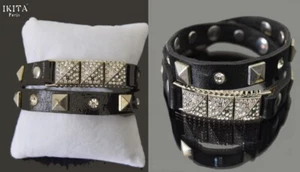 Armband Ikita Paris Armreif Strass Wrap Wickelarmband Kunstleder Nieten Schwarz - Bild 1 von 1