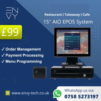 XEPOS POS New 15" AIO EPOS Till System and Card Terminal Restaurants, Takeaways, Cafes