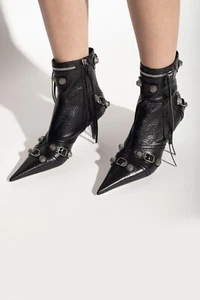 Balenciaga Women Cagole Bootie Pointed Studded Black LEATHER ANKLE 37.5 7.5 NWT - Picture 1 of 17
