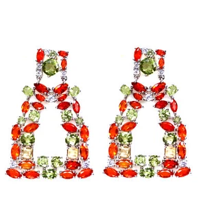 Green Peridot, Fire-Opal, Citrine & Cubic-Zirconia Earrings Silver 925 Sterling - Picture 1 of 5