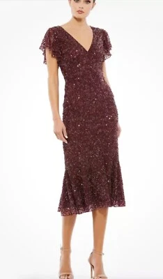 VESTIDO TROMPETA MAC DUGGAL (406) 10801 LENTEJUELAS CUELLO EN V ALETEO MANGA GORRA TALLA 10 Foto 1 de 3