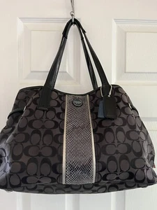 Coach Signature Stripe Python Print Carryall Handbag Black L Snap H1380 F24882 - Picture 1 of 6