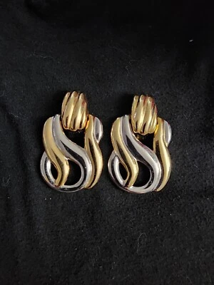 Vintage Chunky Earrings Dangle White And Gold Tone Swirl - Image 1 of 2