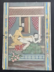Erotic Malerei Indien „A tergo“ Gouache mit Falte 19. Jhd. Rückseite beschriftet - Bild 1 von 11