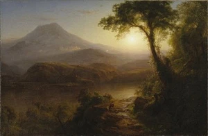 Schönes Ölgemälde Tropische Landschaft Sonnenuntergang Landschaft mit See Berge Leinwand - Bild 1 von 1