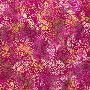 Batik 100% Cotton Fabric - Hand Printed and Dyed - Yellow Leaves on Pink - Picture 1 of 1