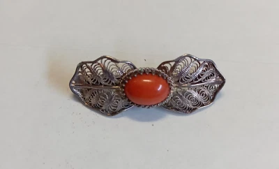 SPILLA IN ARGENTO 800 - FILIGRANA + PIETRA DURA COLORE ROSSO - Immagine 1 di 4