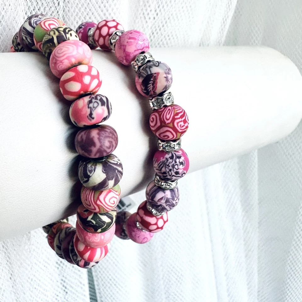 Viva бисер коренастый Серебряная глина ручной работы набор из двух эластичных браслетов новый с Ярлыками - Изображение 1 из 2