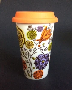 Thermal Travel Mug W/ Silicone Lid 10 oz Contemporary Mod Floral/Mini Owls - Picture 1 of 6
