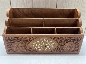 Vintage Wood Desk Letter Organizer Floral Inlaid Tree Carving Handcrafted - Picture 1 of 9