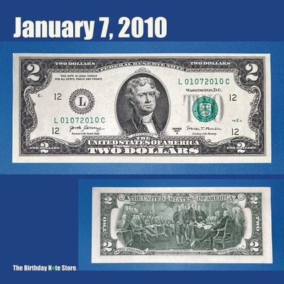 January 7, 2010 Birthday Anniversary $2 Two Dollar Bill Serial Number 01072010 - Image 1 of 2