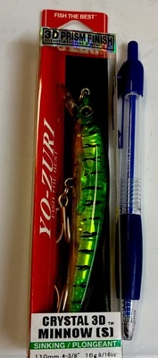 Yo-Zuri 110 Crystal 3D Minnow, 4-3/8” de largo, 9/16 oz, rayas verdes/negras, hundimiento Foto 1 de 4