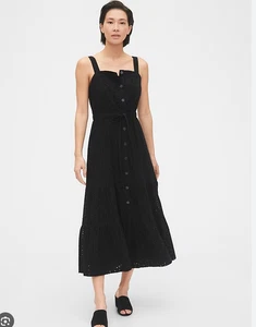 NWT Gap Apron Sleeveless Eyelet Button Front Maxi Dress BLACK SIZE 12 Tall - Picture 1 of 7