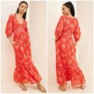 Maxi Vestido Free People Golden Hour Manga Abullonada Profundo en V Niveles Para Mujer Talla Pequeña” - Imagen 1 de 11