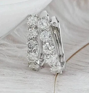 2Ct Round Cut Lab Created Diamond Hoop Huggie Earrings 14K White Gold Plated - Picture 1 of 10