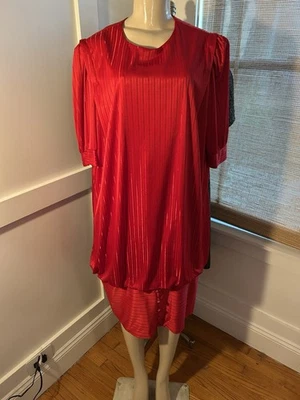 Vtg 80s D.R.II Drop Waist Boused Dress Red Nylon Sheer Stipe Puff Sleeve Sz M - Image 1 of 4