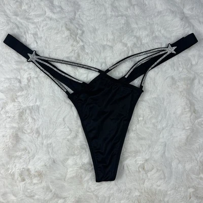 Victoria’s Secret Very Sexy High Leg Thong Panty Black Rhinestone Star Detail M - Image 1 of 4